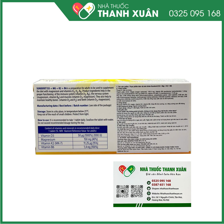 Thuốc Sundovit D3 + Mg + K2 + B6 hỗ trợ xương, răng phát triển